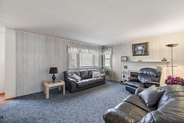 804 E Avon Rd, Rochester Hills, MI 48307 - living area with carpet floors, wood walls, and a brick fireplace