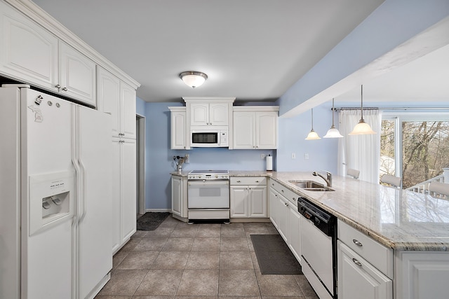 804 E Avon Rd, Rochester Hills, MI 48307 - kitchen with white appliances, a sink, a peninsula, and white cabinets