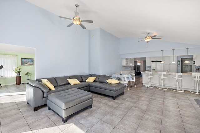 804 E Avon Rd, Rochester Hills, MI 48307 - living room featuring a ceiling fan, high vaulted ceiling, and light tile patterned floors