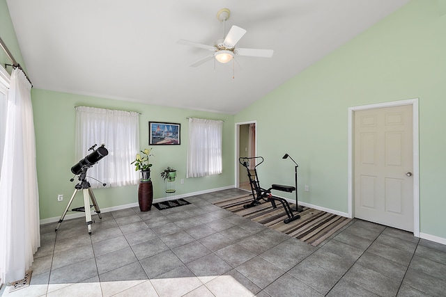 804 E Avon Rd, Rochester Hills, MI 48307 - workout room featuring high vaulted ceiling, baseboards, tile patterned flooring, and a ceiling fan