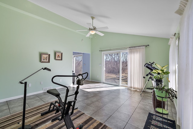 804 E Avon Rd, Rochester Hills, MI 48307 - exercise area featuring ceiling fan, tile patterned floors, baseboards, and high vaulted ceiling