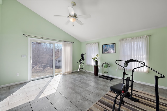 804 E Avon Rd, Rochester Hills, MI 48307 - exercise area with a ceiling fan, baseboards, tile patterned flooring, and high vaulted ceiling