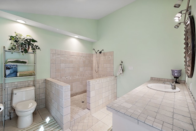 804 E Avon Rd, Rochester Hills, MI 48307 - bathroom with tiled shower, tile patterned flooring, toilet, a sink, and lofted ceiling