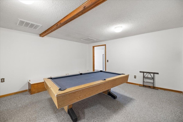45 E Beech St, Fruitport, MI 49415 - game room featuring a textured ceiling, carpet, billiards table, baseboards, and beamed ceiling