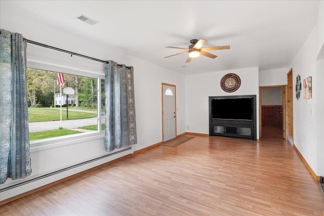 45 E Beech St, Fruitport, MI 49415 - unfurnished living room with a baseboard radiator, ceiling fan, light wood-style floors, and baseboards