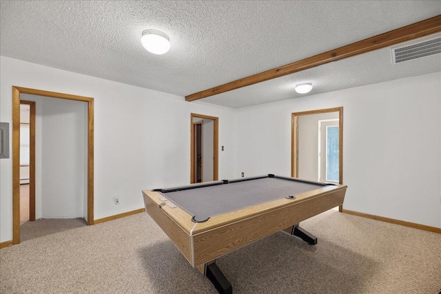 45 E Beech St, Fruitport, MI 49415 - rec room featuring light carpet, beamed ceiling, pool table, baseboards, and a textured ceiling