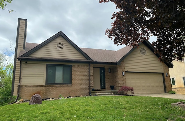 6685 Grassland Ave, West Bloomfield, MI 48324 - ranch-style house with brick siding, a chimney, an attached garage, a front lawn, and concrete driveway