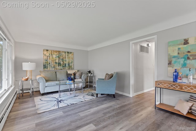 24371 Grove Ave, Eastpointe, MI 48021 - living room featuring a baseboard radiator, wood finished floors, and baseboards