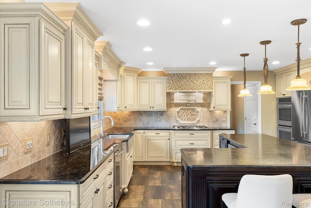 615 Appoline Ct, Rochester, MI 48307 - kitchen featuring cream cabinets, appliances with stainless steel finishes, decorative backsplash, recessed lighting, and crown molding