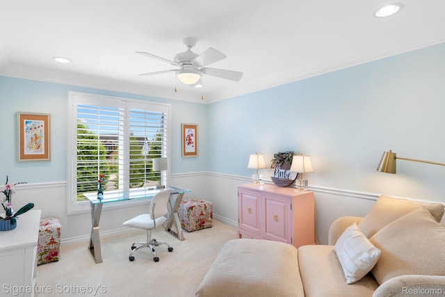 615 Appoline Ct, Rochester, MI 48307 - carpeted home office with crown molding, a ceiling fan, baseboards, and recessed lighting