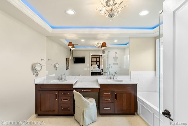 615 Appoline Ct, Rochester, MI 48307 - full bath with vanity, marble look tile flooring, a bath, a walk in shower, and recessed lighting