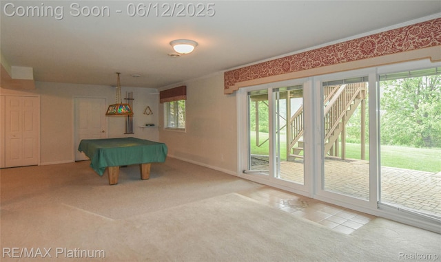 8342 Islandview Ct, Brighton, MI 48114 - rec room featuring carpet floors, billiards, baseboards, and ornamental molding