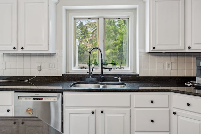 8148 Orchardview Dr, Washington, MI 48095 - kitchen featuring stainless steel dishwasher, a sink, white cabinets, tasteful backsplash, and dark stone countertops