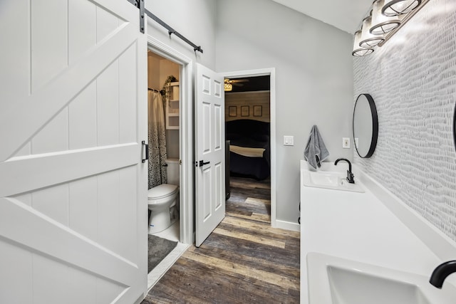 8148 Orchardview Dr, Washington, MI 48095 - bathroom featuring toilet, wood finished floors, double vanity, and ceiling fan