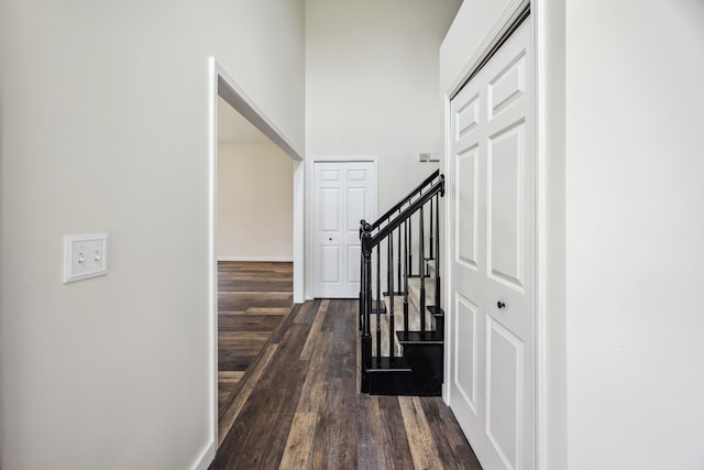 8148 Orchardview Dr, Washington, MI 48095 - hall with dark wood-style flooring, stairs, and baseboards