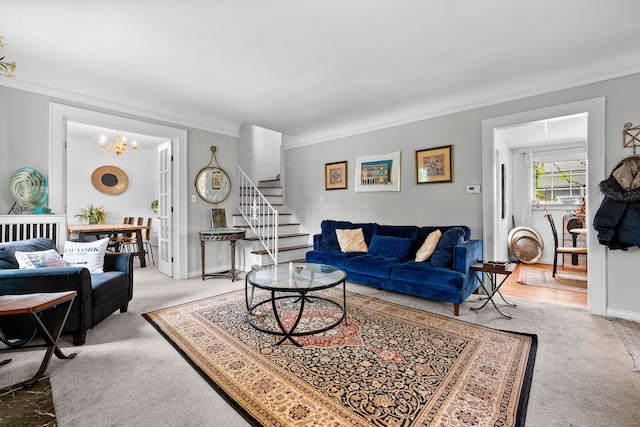 8911 Manor Ave, Allen Park, MI 48101 - carpeted living area featuring ornamental molding, stairs, a chandelier, and baseboards