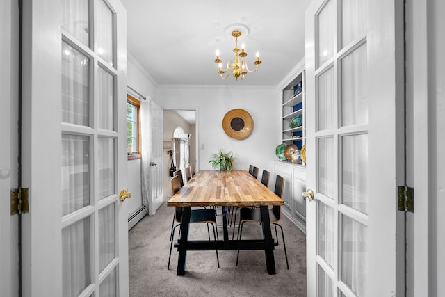 8911 Manor Ave, Allen Park, MI 48101 - carpeted dining room with french doors, a chandelier, a baseboard radiator, and crown molding