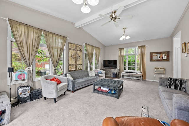8911 Manor Ave, Allen Park, MI 48101 - carpeted living area featuring a ceiling fan, a wall mounted AC, a chandelier, a baseboard radiator, and baseboards