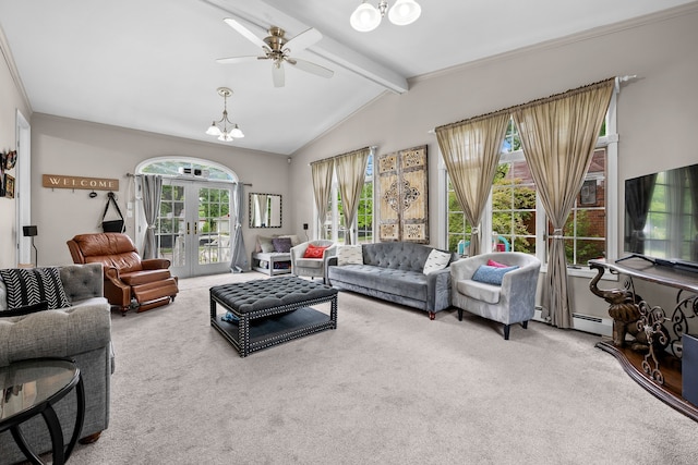 8911 Manor Ave, Allen Park, MI 48101 - carpeted living room with a chandelier, french doors, ceiling fan, and a baseboard radiator