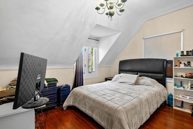 8911 Manor Ave, Allen Park, MI 48101 - bedroom featuring wood finished floors, vaulted ceiling, and a chandelier