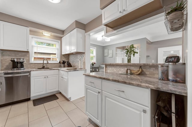 23830 Shakespeare Ave, Eastpointe, MI 48021 - kitchen featuring stainless steel dishwasher, a sink, backsplash, white cabinets, and light stone countertops
