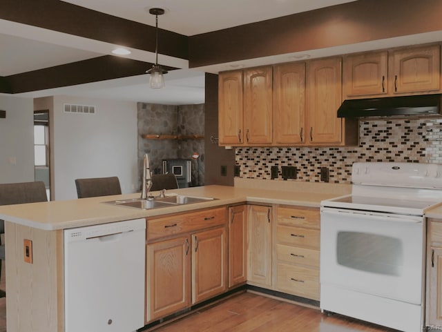 9421 Springville Hwy, Onsted, MI 49265 - kitchen with white appliances, a sink, under cabinet range hood, tasteful backsplash, and a peninsula