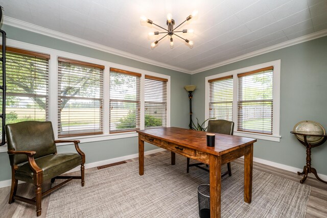 5915 S Pipestone Rd, Eau Claire, MI 49111 - office with a chandelier, crown molding, baseboards, and light wood-style flooring