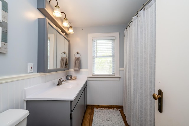 5915 S Pipestone Rd, Eau Claire, MI 49111 - bathroom featuring wainscoting, wood finished floors, vanity, and toilet