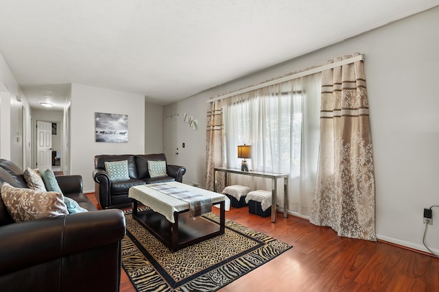 living room featuring wood finished floors and baseboards