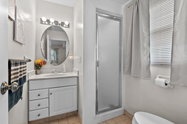 bathroom with a stall shower, toilet, tile patterned floors, and vanity
