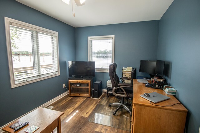13496 S Horrell Rd, Fenton, MI 48430 - office area with dark wood-type flooring, a ceiling fan, and baseboards