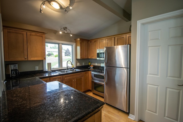 13496 S Horrell Rd, Fenton, MI 48430 - kitchen with appliances with stainless steel finishes, a sink, light wood-style floors, and brown cabinets