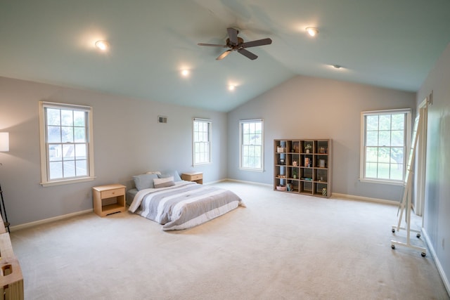 2366 Grange Rd, Trenton, MI 48183 - bedroom with lofted ceiling, baseboards, carpet floors, and a ceiling fan