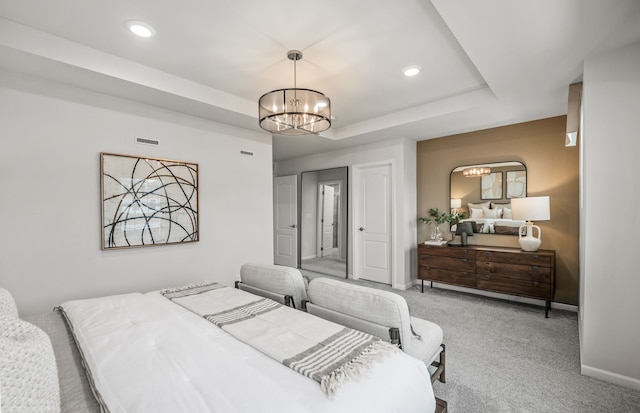 4082 Nottingham Cir, Clarkston, MI 48346 - carpeted bedroom with a chandelier, baseboards, a tray ceiling, and recessed lighting