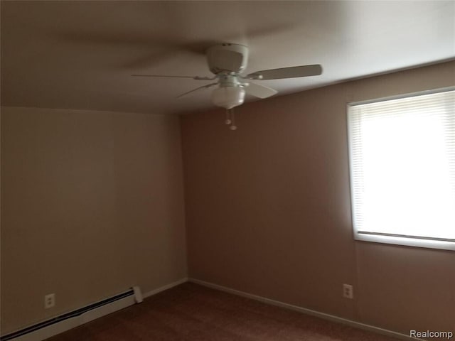 7267 William St, Taylor, MI 48180 - unfurnished room with a baseboard radiator, ceiling fan, plenty of natural light, and dark carpet