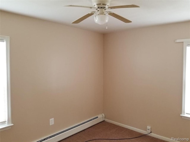 7267 William St, Taylor, MI 48180 - carpeted empty room with a baseboard radiator, a ceiling fan, and baseboards