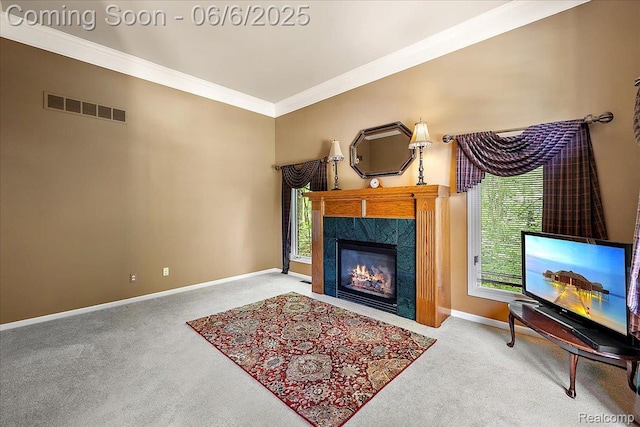 53629 Wayburn Ct, Utica, MI 48315 - living area featuring ornamental molding, carpet flooring, baseboards, and a premium fireplace