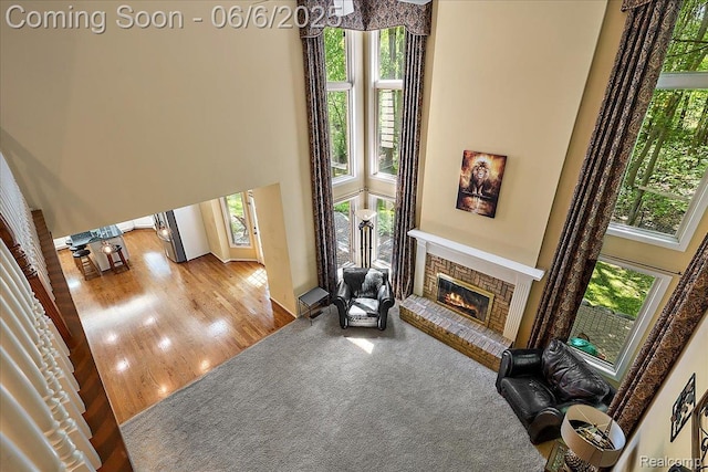 53629 Wayburn Ct, Utica, MI 48315 - living room featuring a towering ceiling, a fireplace, and wood finished floors