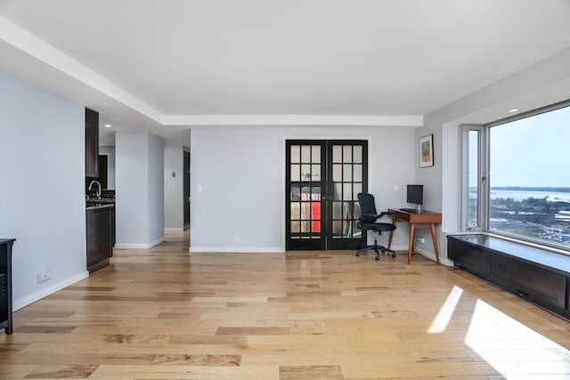 1300 E Lafayette St Unit 1604, Detroit, MI 48207 - home office with french doors, light wood-style floors, baseboards, and a sink