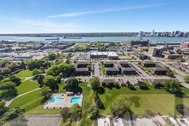 1300 E Lafayette St Unit 1604, Detroit, MI 48207 - aerial view of property's location with a large body of water, a pool area, and nearby urban area