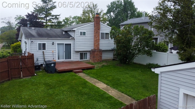 3714 Prairie Ave, Berkley, MI 48072 - back of property with a wooden deck, a chimney, a shingled roof, and cooling unit