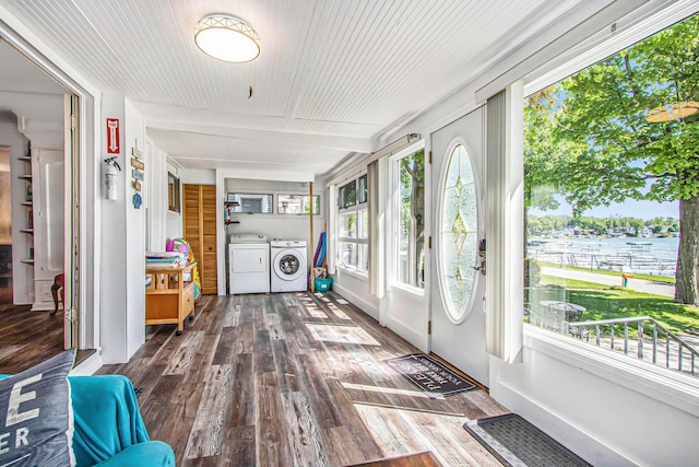 61564 Park St, Cassopolis, MI 49031 - sunroom / solarium with washer and dryer, wood finished floors, wooden ceiling, and a water view
