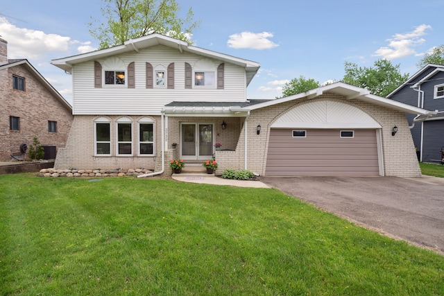 3732 Loch Dr, Highland, MI 48357 - view of front of house with brick siding, a front yard, driveway, a garage, and central AC unit