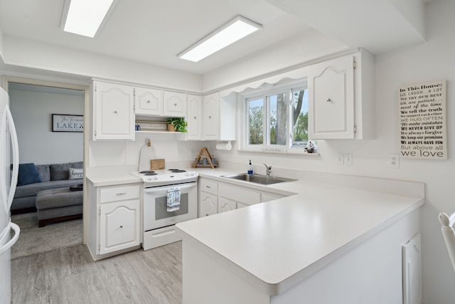 3732 Loch Dr, Highland, MI 48357 - kitchen featuring electric stove, a sink, a peninsula, white cabinetry, and light wood-type flooring