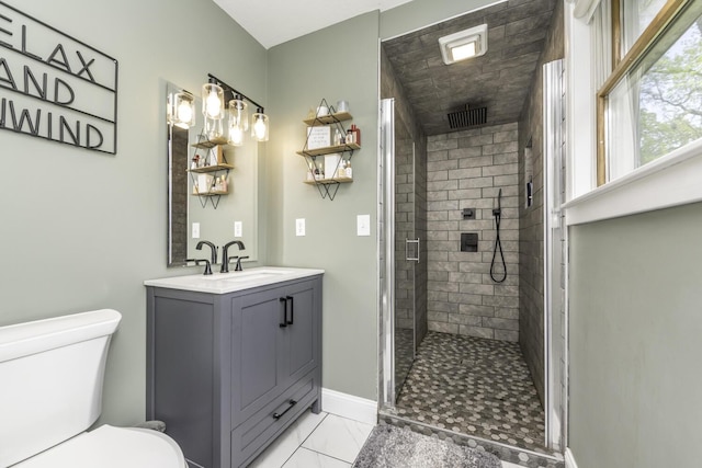 9561 Springville Hwy, Onsted, MI 49265 - full bathroom featuring a shower stall, toilet, marble finish floors, baseboards, and vanity