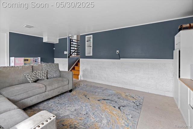 771 Easley Dr, Westland, MI 48186 - carpeted living room with stairs and wainscoting
