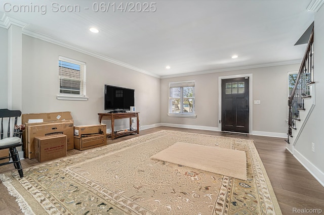 4715 Mandalay Ave, Royal Oak, MI 48073 - living area featuring stairs, recessed lighting, crown molding, and wood finished floors