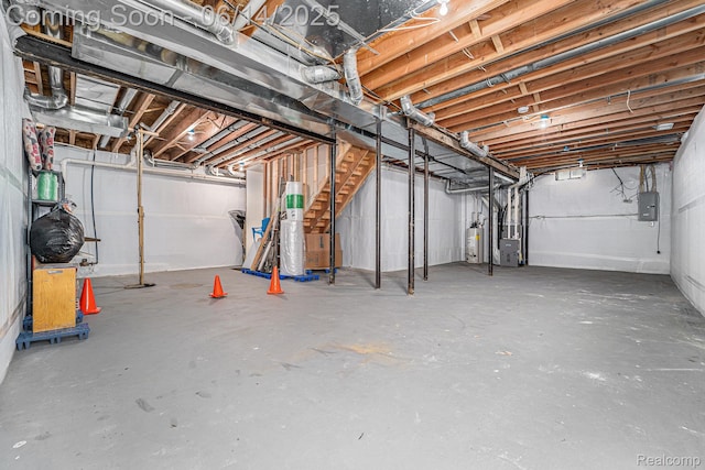4715 Mandalay Ave, Royal Oak, MI 48073 - unfinished below grade area featuring gas water heater, electric panel, heating unit, and stairway