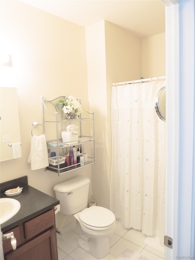 14478 Shadywood Dr, Sterling Heights, MI 48312 - bathroom featuring tile patterned floors, vanity, toilet, and a shower with curtain