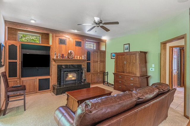 1506 Golfside Ct, Flushing, MI 48433 - living room with ceiling fan, a fireplace, light colored carpet, and plenty of natural light